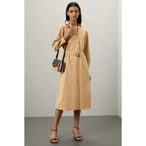 Area Stars Belted Waist Cotton Midi Shirt Dress 3/4 Sleeves Button Down L Tan